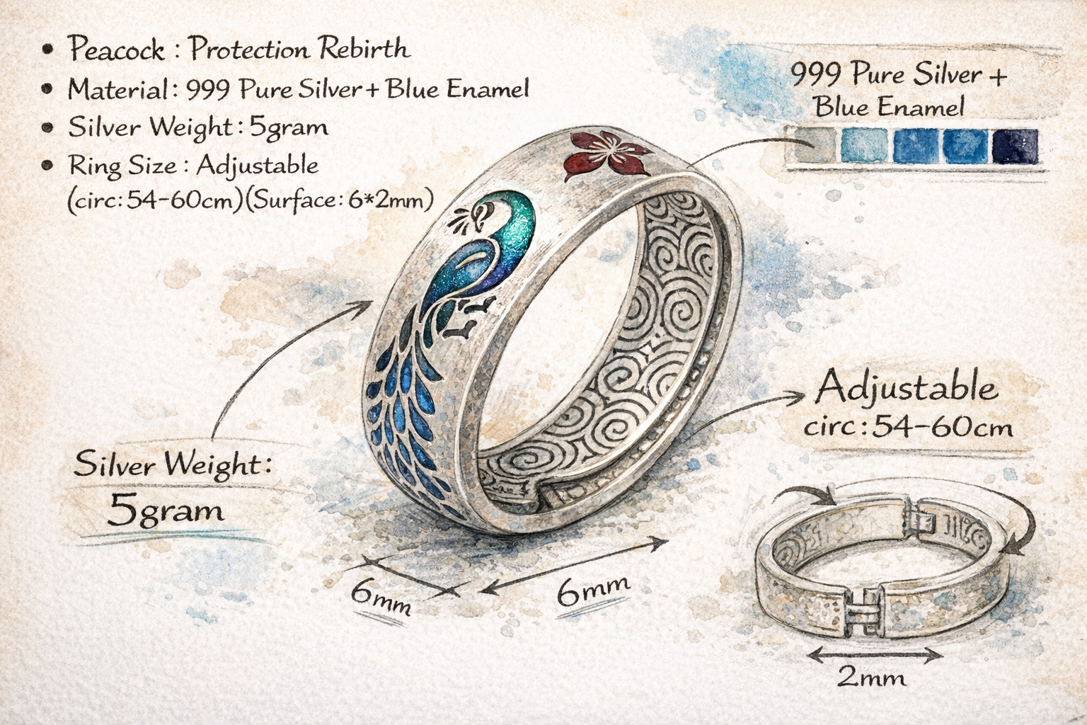 Peacoke Enamel Silver Ring-Protection Rebirth