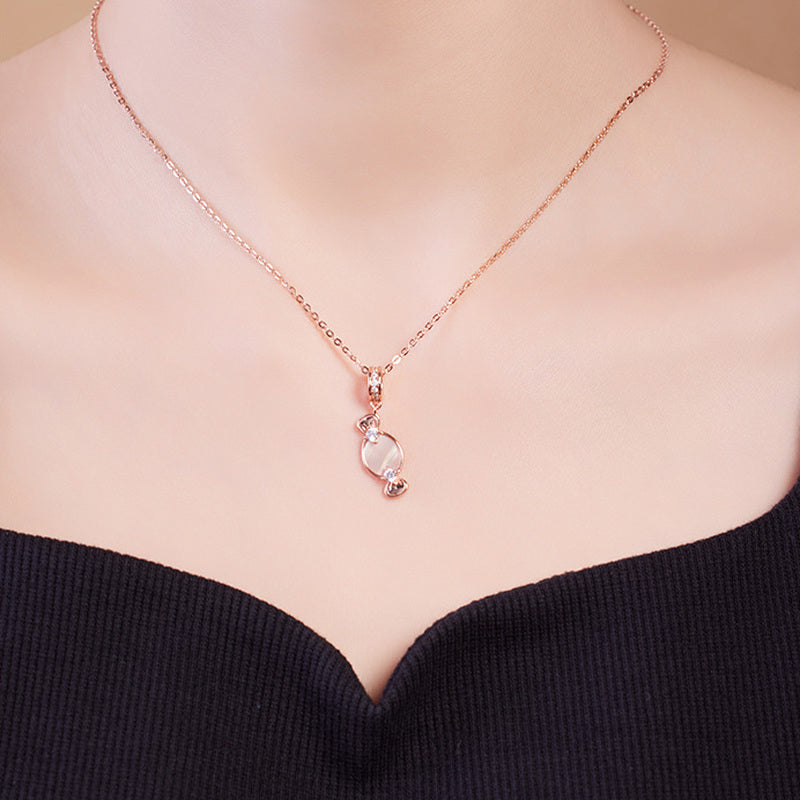Close model view of delicate pink candy necklace