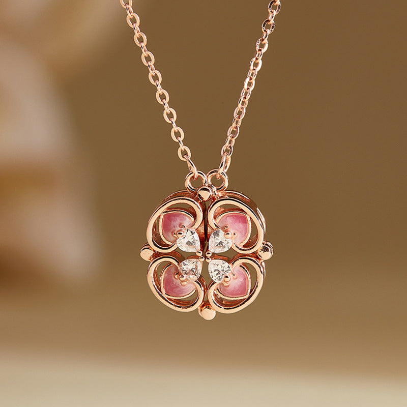 Front view of the pink enamel clover necklace