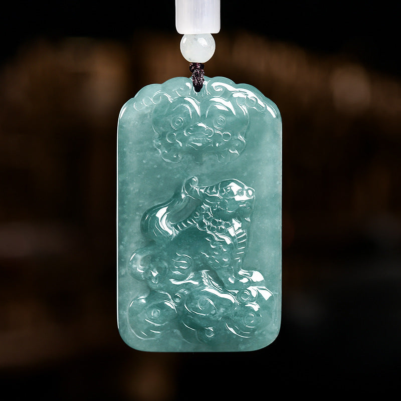 Pixiu Nafu icy green jade plaque pendant