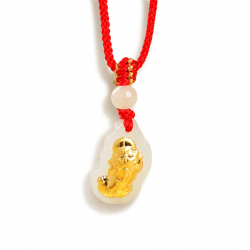 Red cord nephrite jade Pixiu pendant on white background