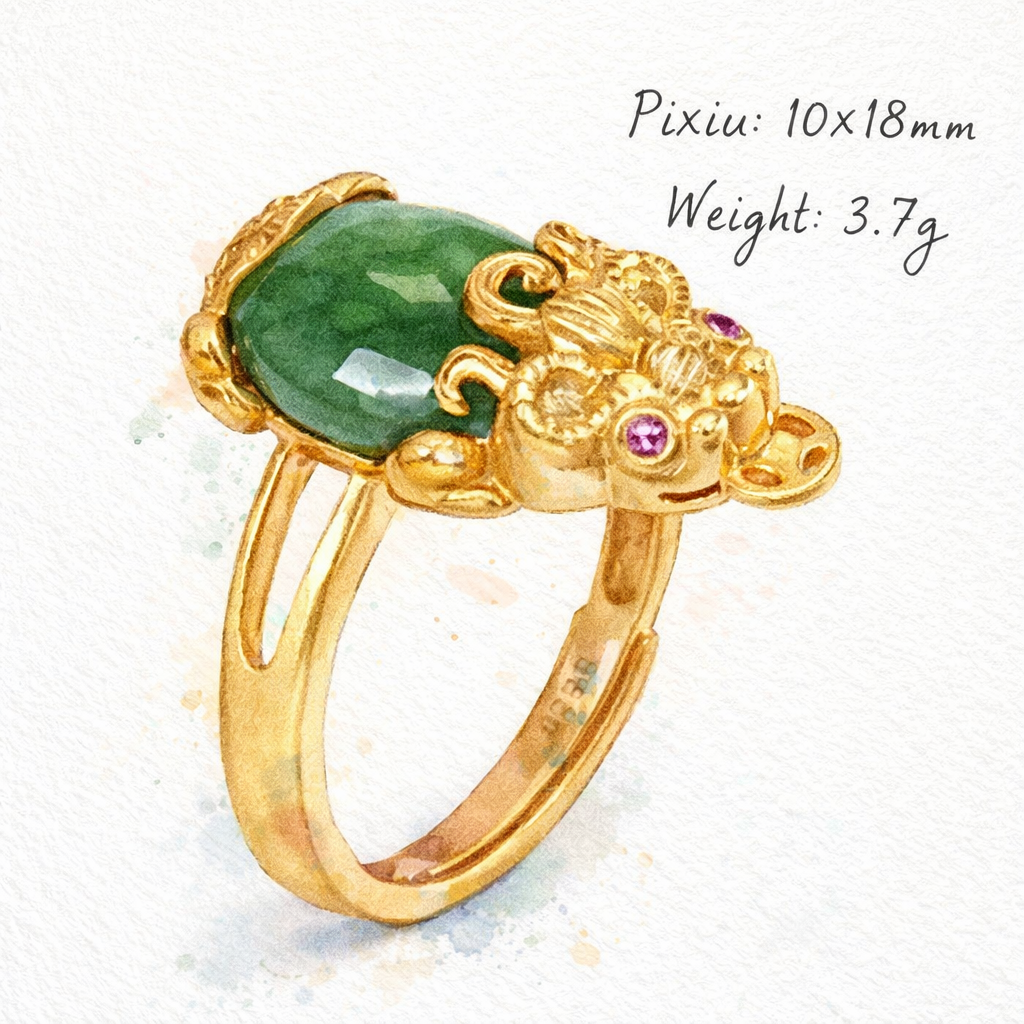 Guardian Prosperity Pixiu Green Jade Gold-Plated Silver Ring