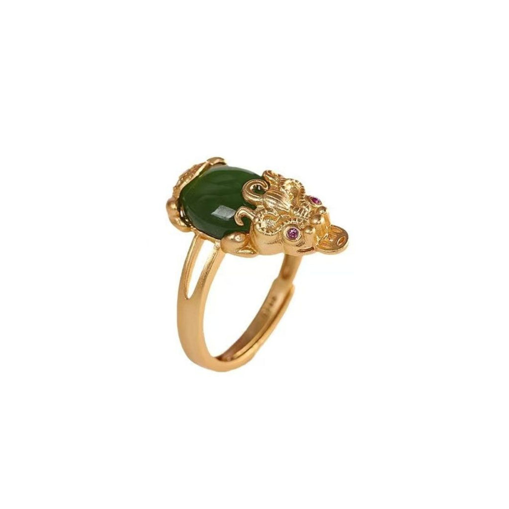 Guardian Prosperity Pixiu Green Jade Gold-Plated Silver Ring