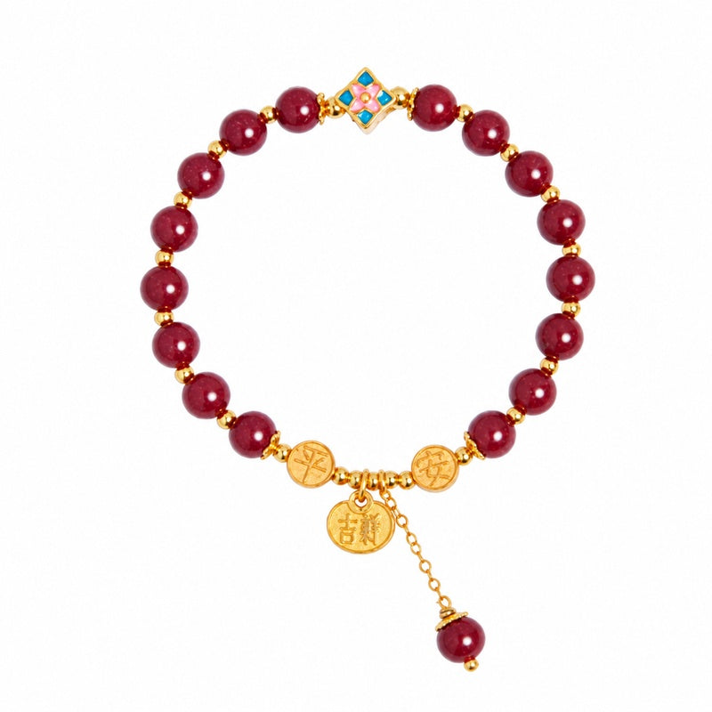Pressed cinnabar four-leaf clover bracelet, full white-background view