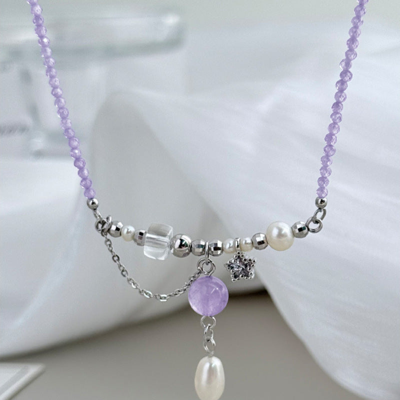 Front view of amethyst pearl necklace with crystal accents