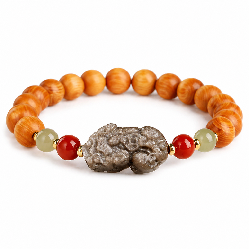 Thujawood Bracelet with Silver Obsidian PiXiu-Calm Strength & Wealth Protection