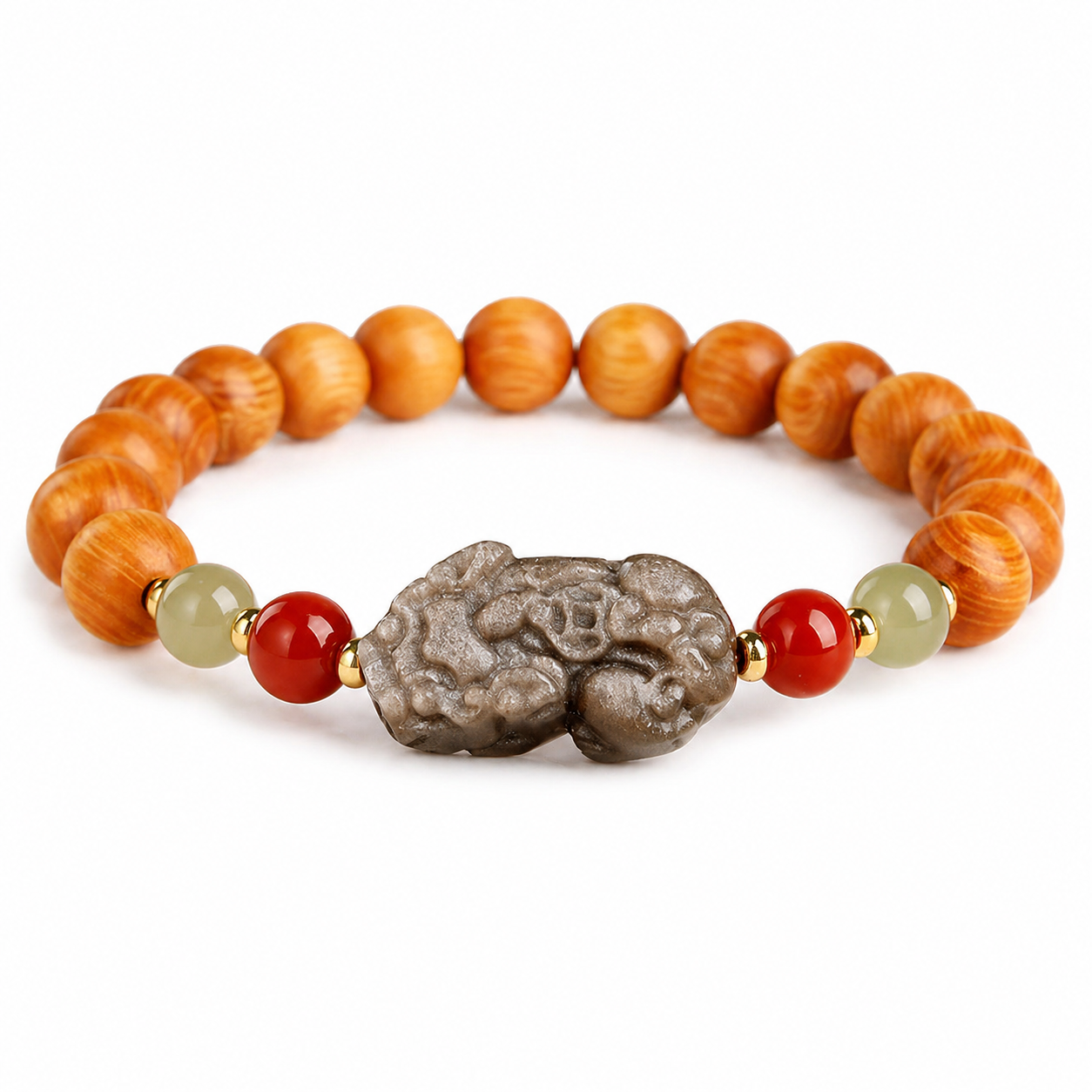 Thujawood Bracelet with Silver Obsidian PiXiu-Calm Strength & Wealth Protection