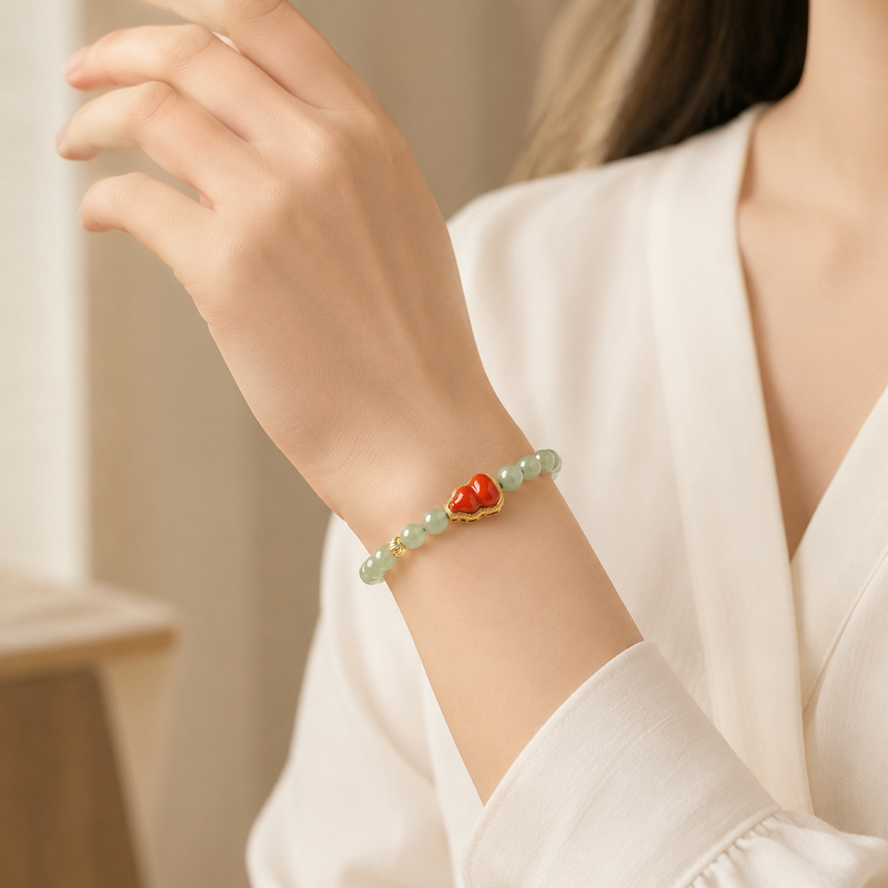 Woman wearing red agate gourd Hetian jade bracelet