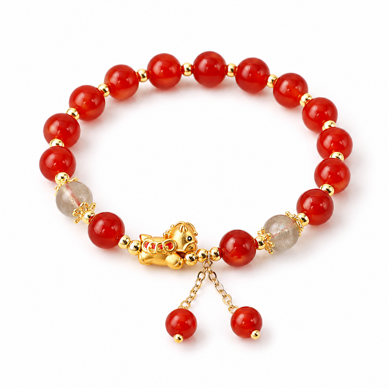 Red agate and moonstone lucky horse bracelet on white