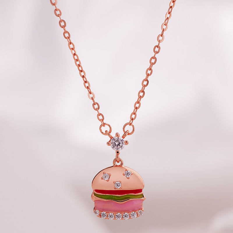 Rose gold tone burger pendant necklace front detail