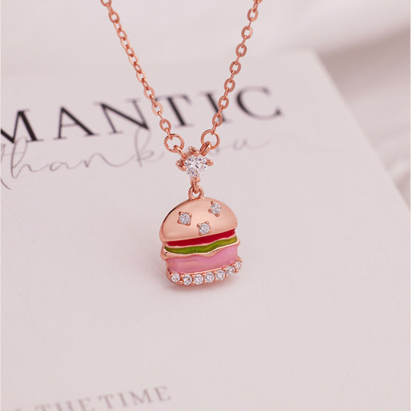 Burger pendant necklace with cold enamel and zircon accents