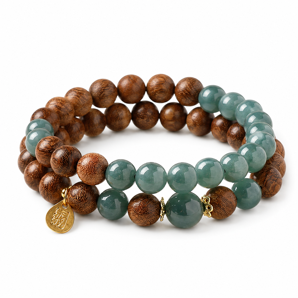 Sandalwood and blue jadeite double-wrap bracelet on white