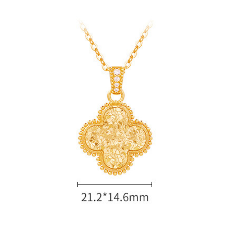 Four-leaf clover necklace on white with pendant measurement 21.2 x 14.6 mm