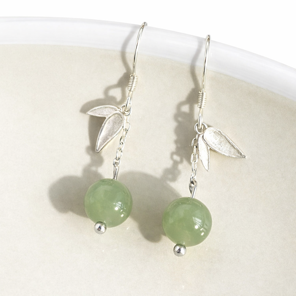 Bamboo Leaf Green Jade Drop Earrings – Gentle Harmony in 925 Sterling Silver