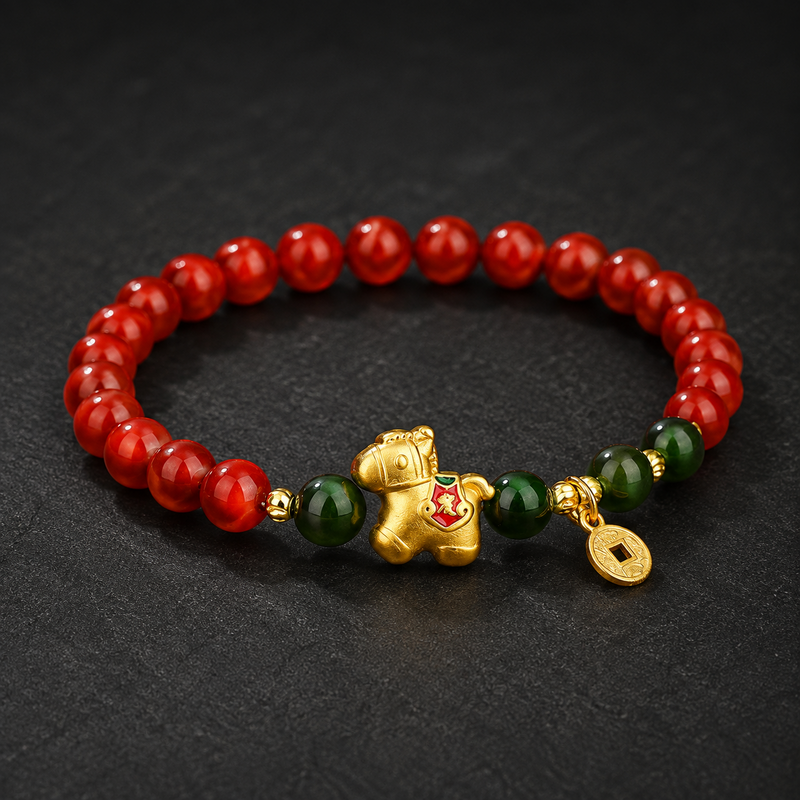 Nanhong and green agate lucky horse bracelet on dark stone