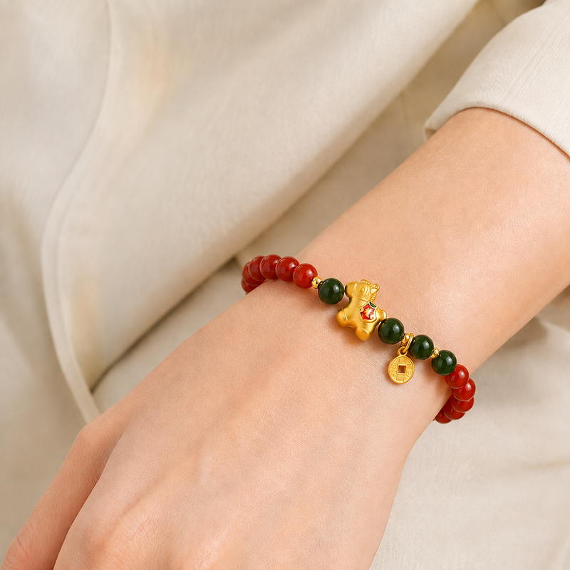 Lucky horse agate bracelet worn on a woman’s wrist