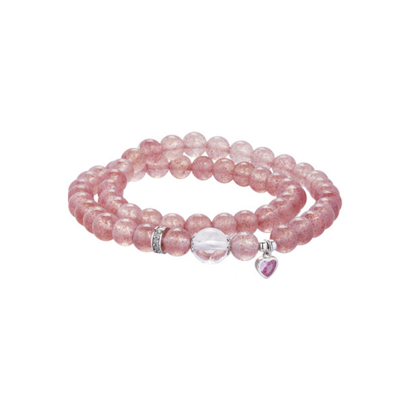 Pink strawberry crystal heart double wrap bracelet shown against a clean white background