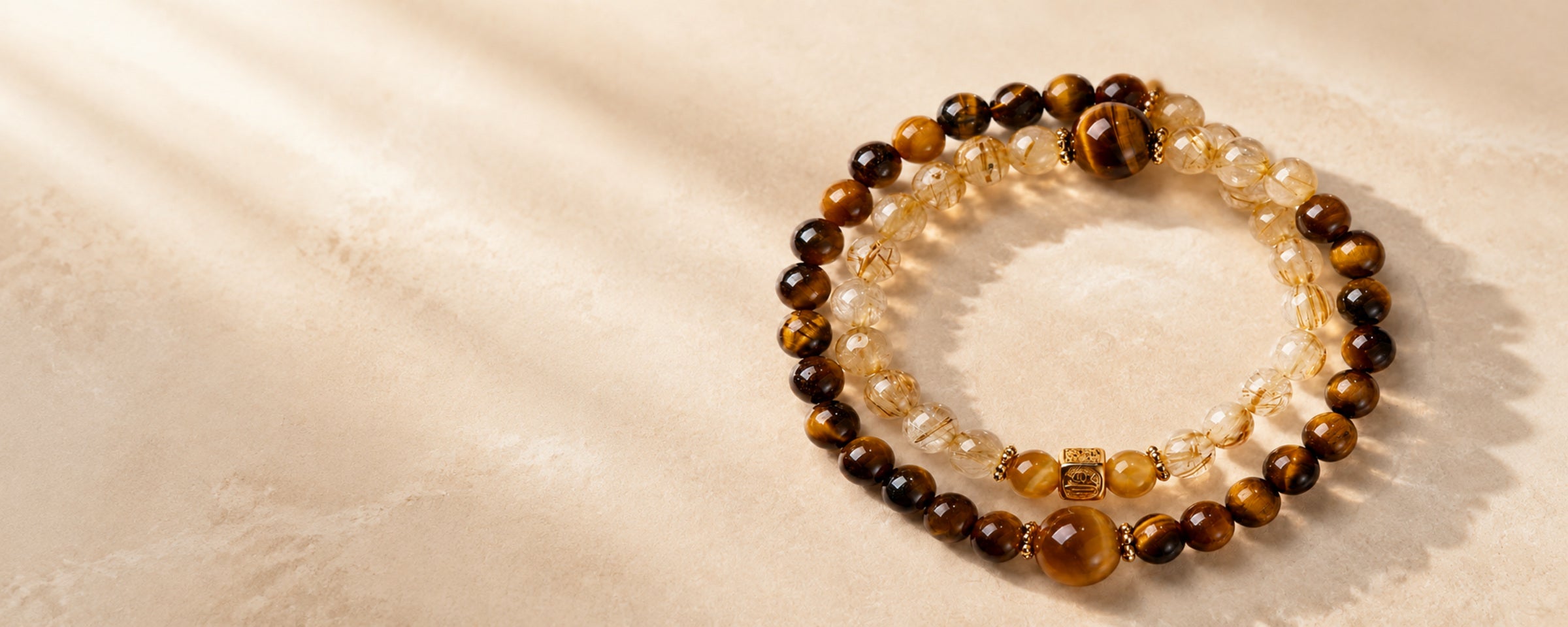 Tiger’s Eye and Golden Rutilated Quartz double-wrap bracelet homepage hero