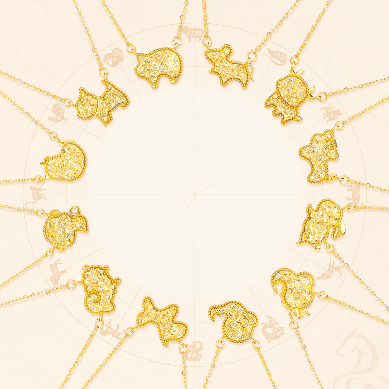 Twelve gold zodiac animal necklaces arranged in a circular display
