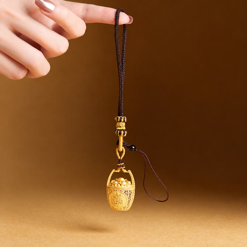 Full hanging wealth basket charm with braided loop, wrapped knots and black obsidian bead