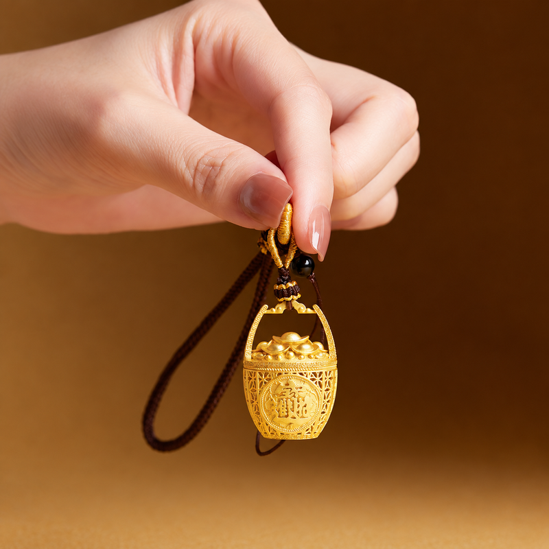 Original hand-held display of the openwork wealth basket charm, black obsidian bead and cord