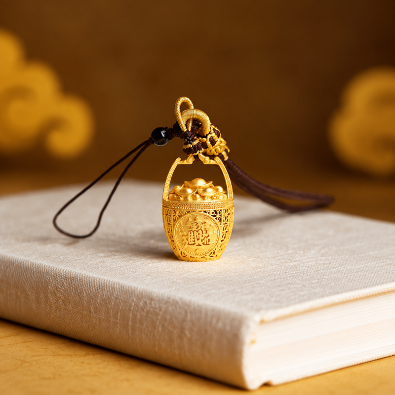 Wealth basket charm standing on a cream book, showing its openwork sides and ingot top