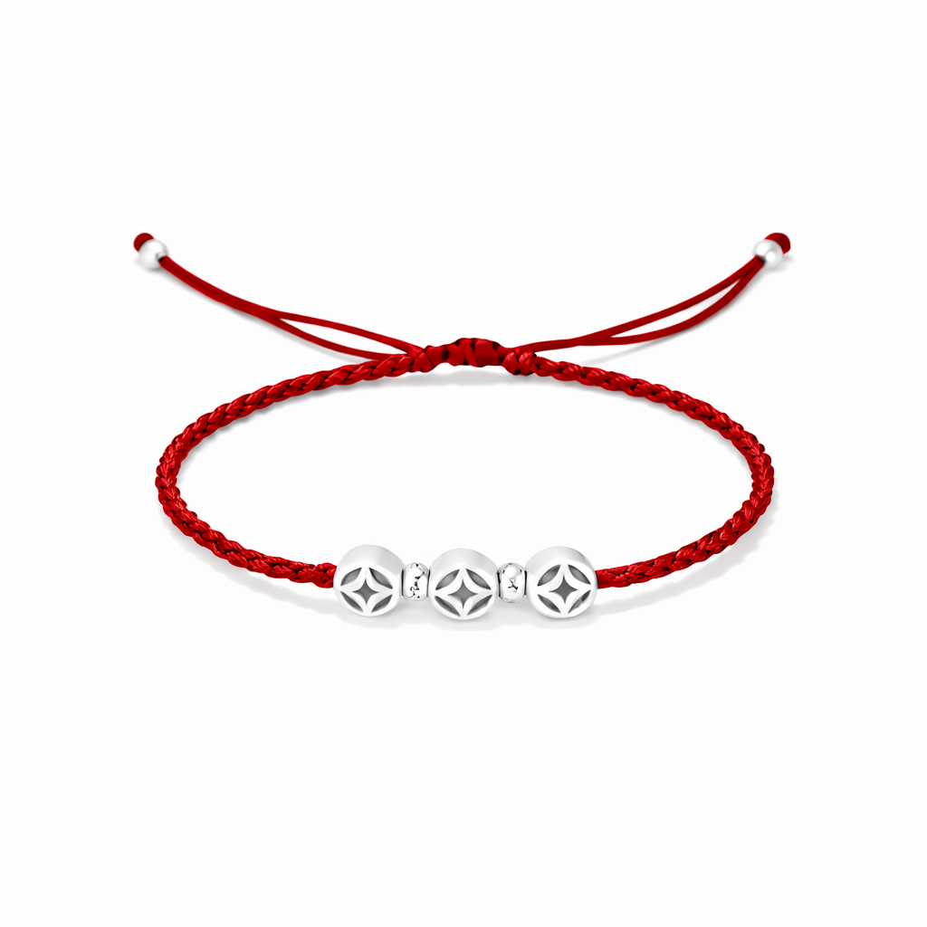 Enduring Fortune Antique Silver 3D Coin Red String Bracelet
