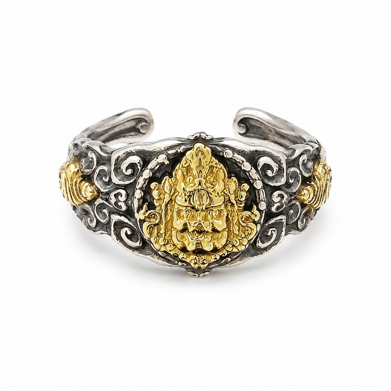 Yellow Jambhala adjustable sterling silver ring on white background