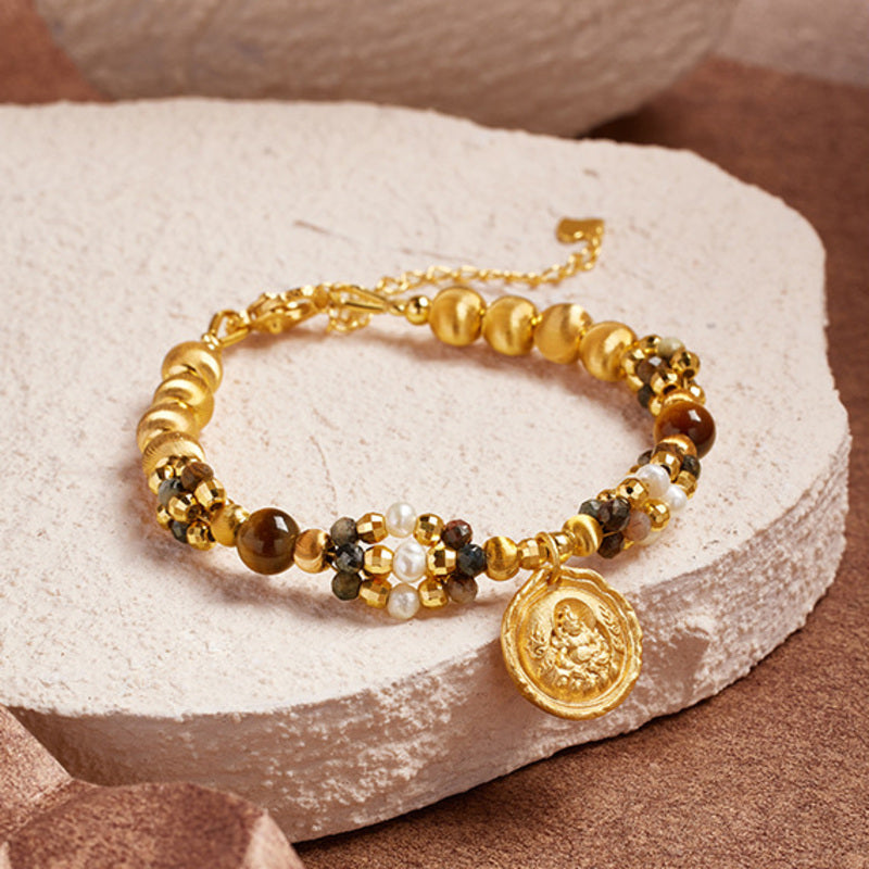 Yellow Wealth Deity pietersite pearl bracelet with medallion detail