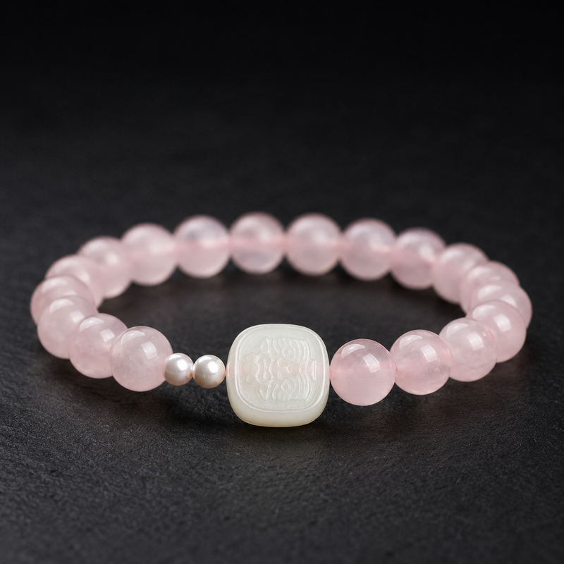 White jade Zaki Lhamo rose quartz bracelet on dark slate
