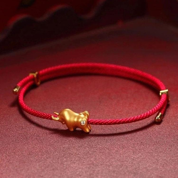 18K Gold Ox Diamond Wealth Red Rope Bracelet 2021 Chinese New Year Wealth Bracelet - FengshuiGallary