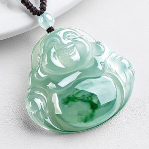 Natural Ice Green Jade Laughing Buddha Lucky Pendant Necklace - FengshuiGallary