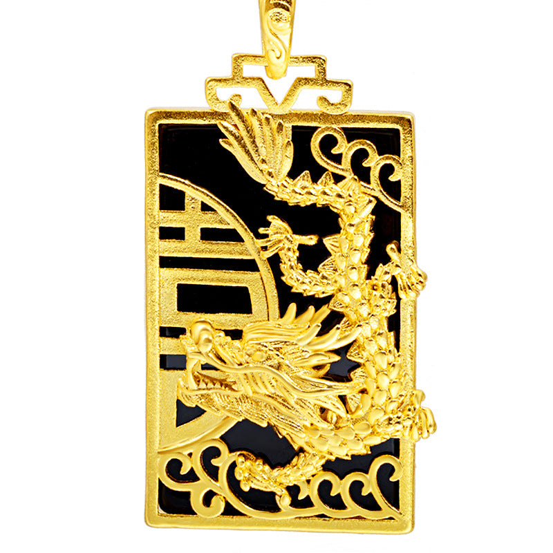 Auspicious Gold Dragon Black Agate Pendant - FengshuiGallary