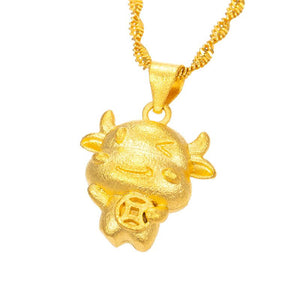2021 Chinese New Year Zodiac OX Feng Shui Coin 24k Gold Pendant Necklace - FengshuiGallary
