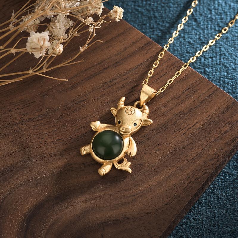 2021 Chinese New Year Zodiac OX Green Jade Gold Pendant Necklace - FengshuiGallary
