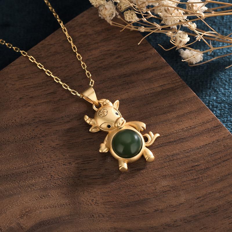 2021 Chinese New Year Zodiac OX Green Jade Gold Pendant Necklace - FengshuiGallary