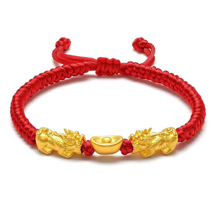 24K Gold Double Pixiu Ingot Wealth&Lucky Red Rope Bracelet - FengshuiGallary
