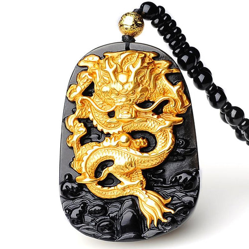 24k Gold Dragon Black Obsidian Lucky Pendant - FengshuiGallary