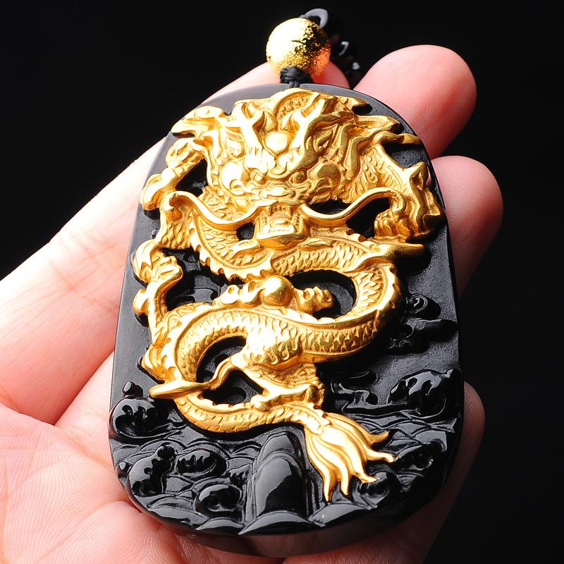 24k Gold Dragon Black Obsidian Lucky Pendant - FengshuiGallary