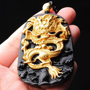 24k Gold Dragon Black Obsidian Lucky Pendant - FengshuiGallary