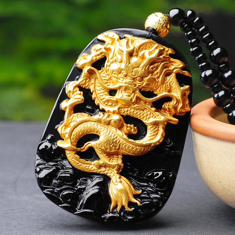 24k Gold Dragon Black Obsidian Lucky Pendant - FengshuiGallary