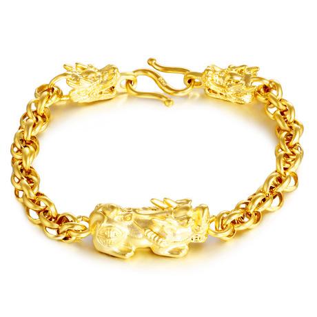24K Gold Pixiu Double Dragon Bracelet - FengshuiGallary