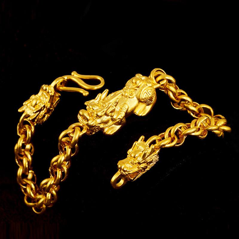 24K Gold Pixiu Double Dragon Bracelet - FengshuiGallary