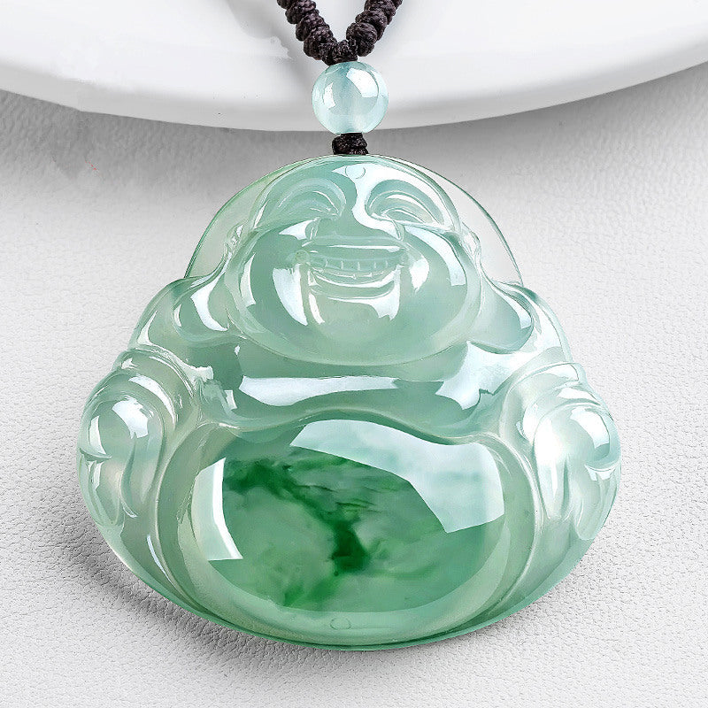 Natural Ice Green Jade Laughing Buddha Lucky Pendant Necklace - FengshuiGallary