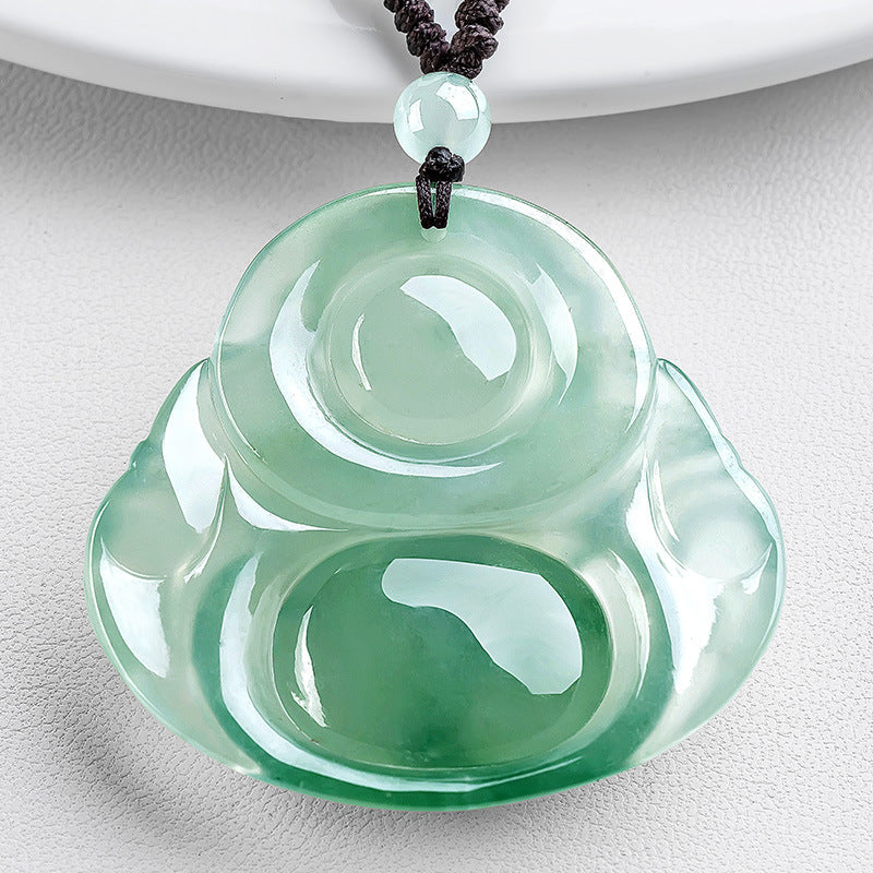 Natural Ice Green Jade Laughing Buddha Lucky Pendant Necklace - FengshuiGallary
