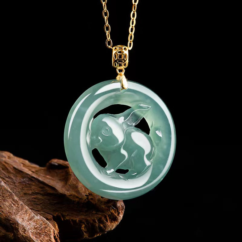 Lucky Rabbit Pendant-Natural Ice Jade-Grade A Jade