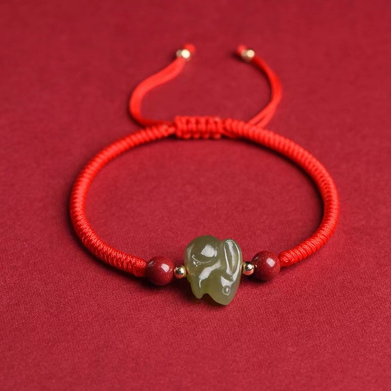 2023 Rabbit Year Red String Bracelet- Lucky Green Jade Rabbit