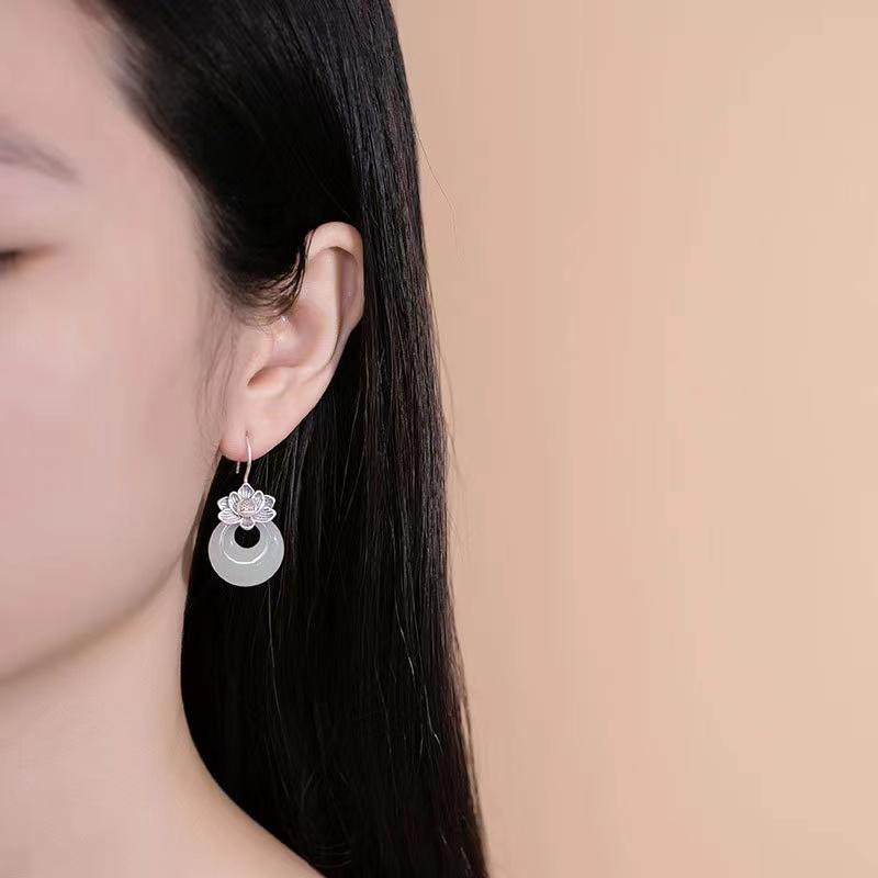 925 Silver Lotus Flower White Jade Earrings - FengshuiGallary