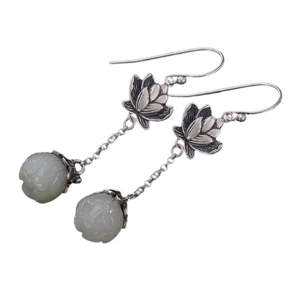 925 Silver Lotus Flower White Jade Long Earrings - FengshuiGallary