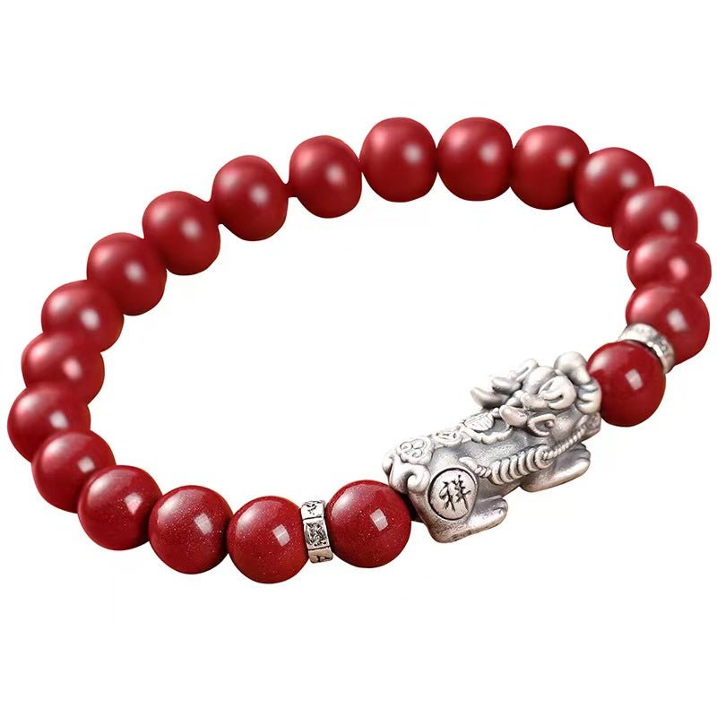 925 Silver Pixiu Bracelet-Natural Cinnabar Bead - FengshuiGallary